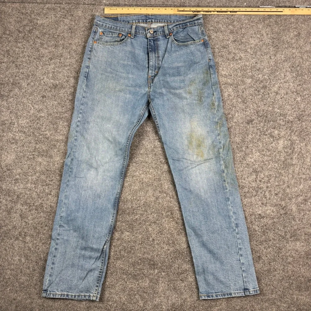 Levi's Jeans Mens Size 36x32 505 Regular Fit Straight Leg Light Wash Stained